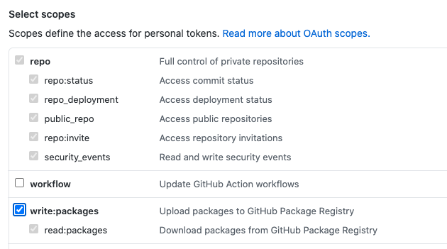 &ldquo;write:packages&rdquo; will automatically select the others.